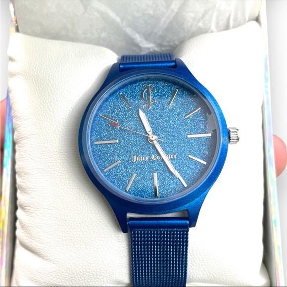 NWT In Box Black Label Juicy Couture Blue Glitter Face Adjustable Watch